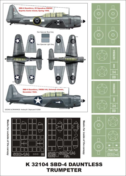 Douglas SBD-4 Dauntless (canopy frame paint masks (inside and outside)) + insignia and markings masks (designed to be used with Trumpeter kits)