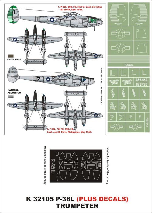 Lockheed P-38L Lightning (canopy frame paint masks (inside and outside)) + insignia and markings masks + decals (designed to be used with Trumpeter kits)