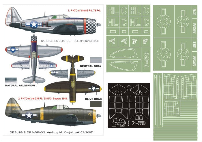 Republic P-47D Thunderbolt 'Razorback' (canopy frame paint masks (inside and outside)) + insignia and markings masks (designed to be used with Trumpeter kits)