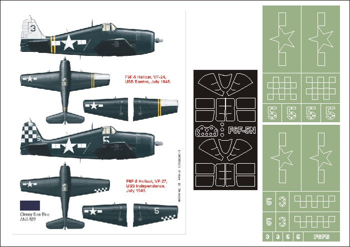 Grumman F6F-5 Hellcat (canopy frame paint masks (inside and outside)) insignia and markings masks (designed to be used with Trumpeter kits)