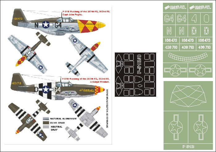 North-American P-51B Mustang (canopy frame paint masks (inside and outside)) insignia and markings masks (designed to be used with Trumpeter kits)