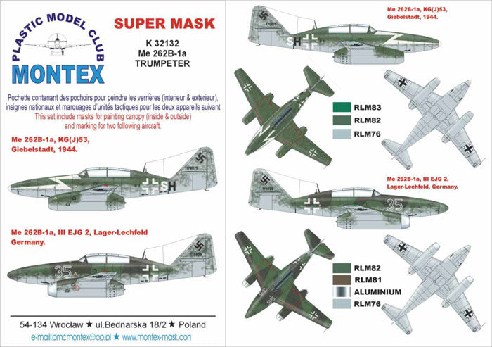 Messerschmitt Me-262B (canopy frame paint masks (inside and outside)) insignia and markings masks (designed to be used with Trumpeter kits)