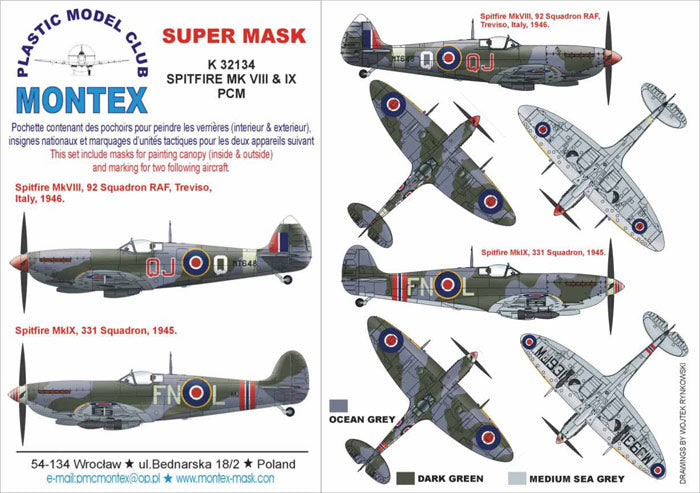 Supermarine Spitfire Mk.VIII & Mk.IX (canopy frame paint masks (inside and outside)) + insignia and markings masks (designed to be used with Pacific Coast Models kits)