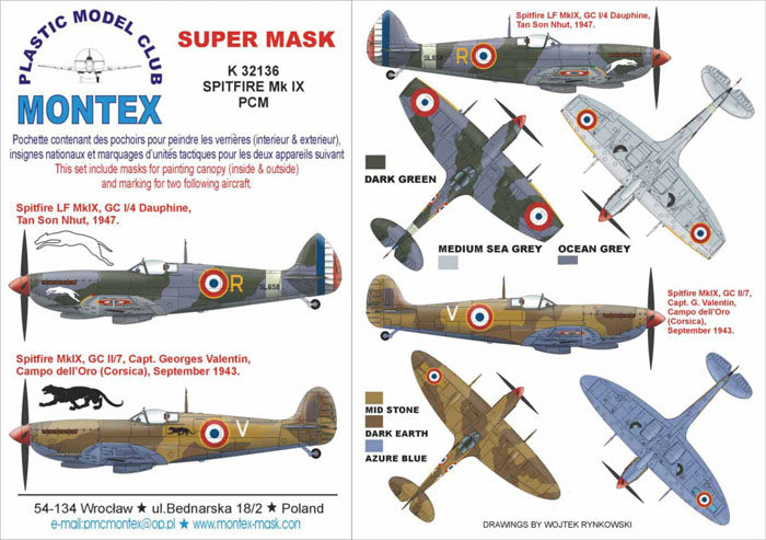 Supermarine Spitfire Mk.IX (French) (canopy frame paint masks (inside and outside)) insignia and markings masks (designed to be used with Pacific Coast Models kits)
