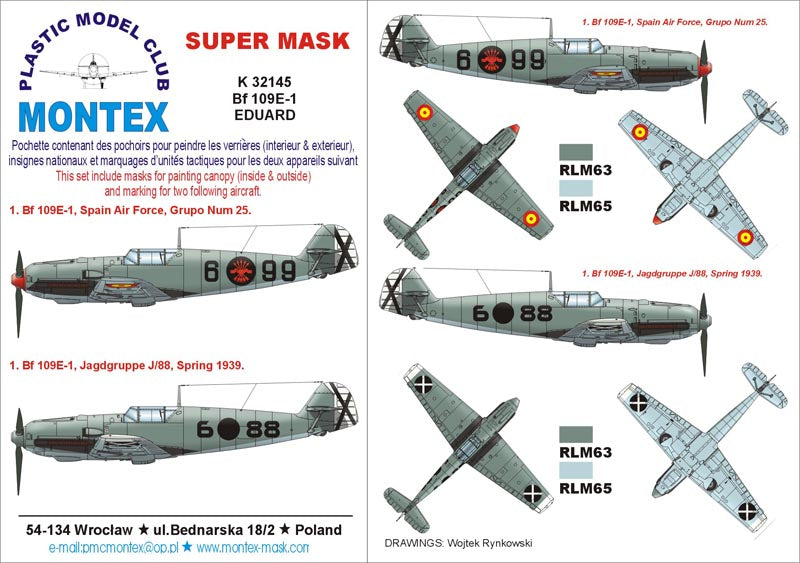 Messerschmitt Bf-109E-1 (canopy frame paint masks (inside and outside)) insignia and markings masks (designed to be used with Eduard kits)