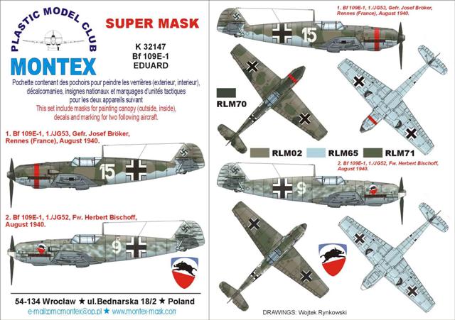 Messerschmitt Bf-109E-1 (canopy frame paint masks (inside and outside)) insignia and markings masks + decals (designed to be used with Eduard kits)