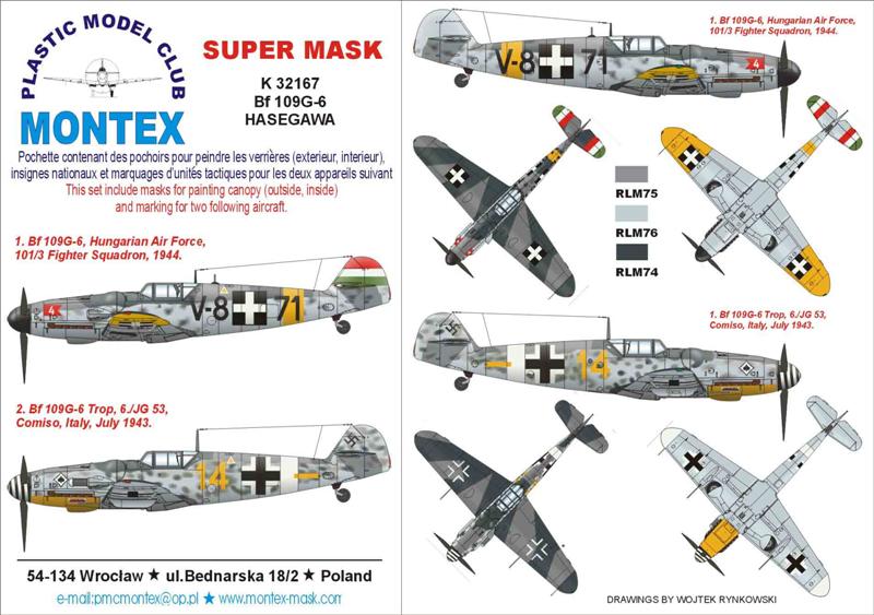 Messerschmitt Bf-109G-6 (canopy frame paint masks (inside and outside)) + insignia and markings masks (designed to be used with Hasegawa kits)