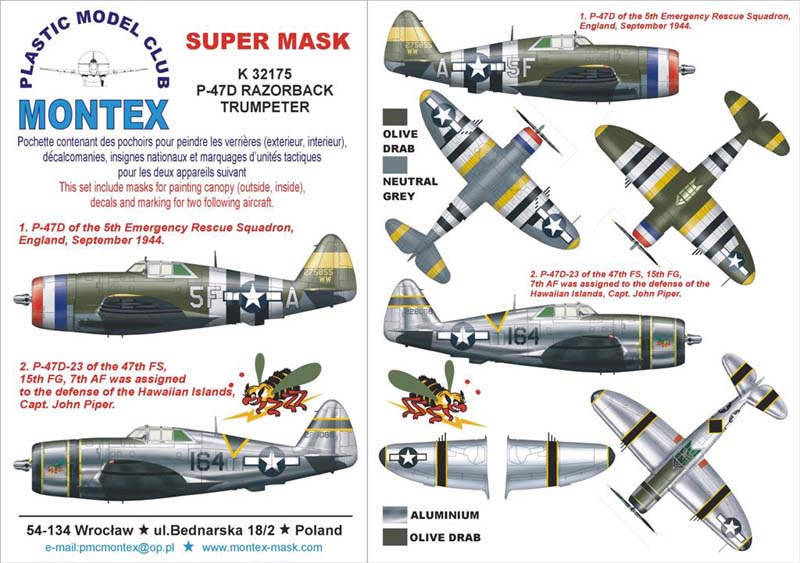 Republic P-47D Thunderbolt RAZORBACK (canopy frame paint masks (inside and outside)) + insignia and markings masks + decals (designed to be used with Trumpeter kits)