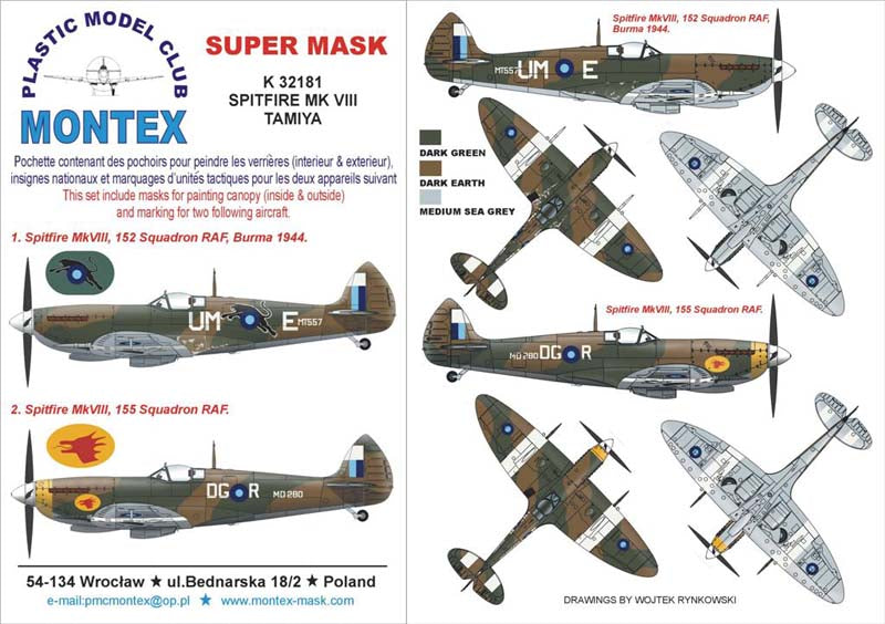 Supermarine Spitfire Mk.VIII (canopy frame paint masks (inside and outside)) insignia and markings masks (designed to be used with Tamiya kits)
