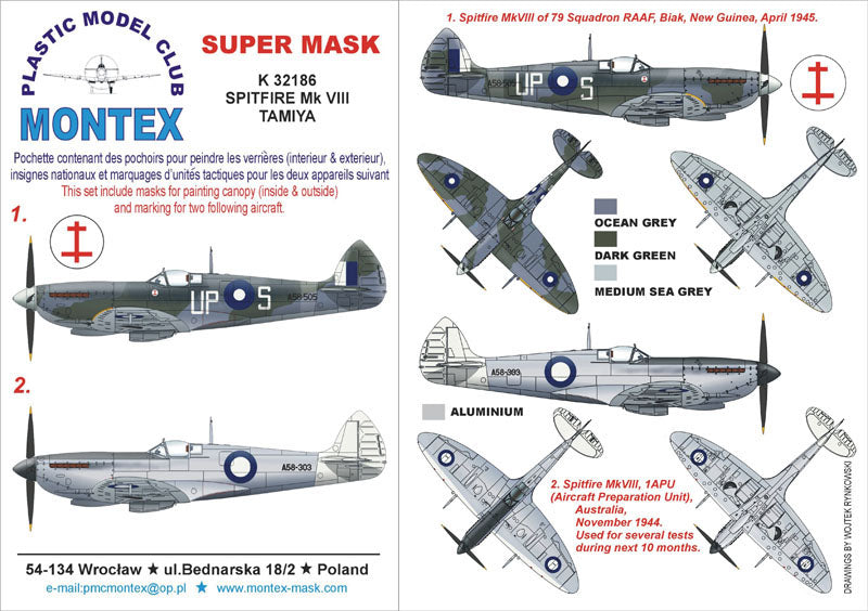 Supermarine Spitfire Mk.VIII (canopy frame paint masks (inside and outside)) insignia and markings masks (designed to be used with Tamiya kits)