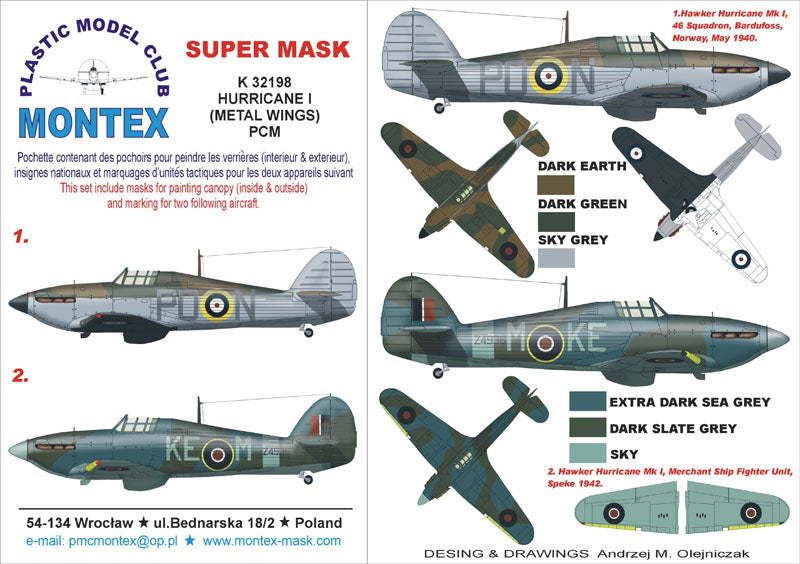 Hawker Hurricane Mk.I (MET.WINGS) (canopy frame paint masks (inside and outside)) insignia and markings masks (designed to be used with Pacific Coast Models kits)
