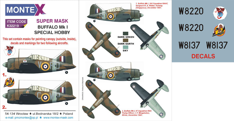 Brewster B-339 Buffalo Mk.I (canopy frame paint masks (inside and outside)) insignia and markings masks + decals (designed to be used with Czech Model and Special Hobby kits) [B-239 B-339E F2A-2 F2A-3 Mk.I]