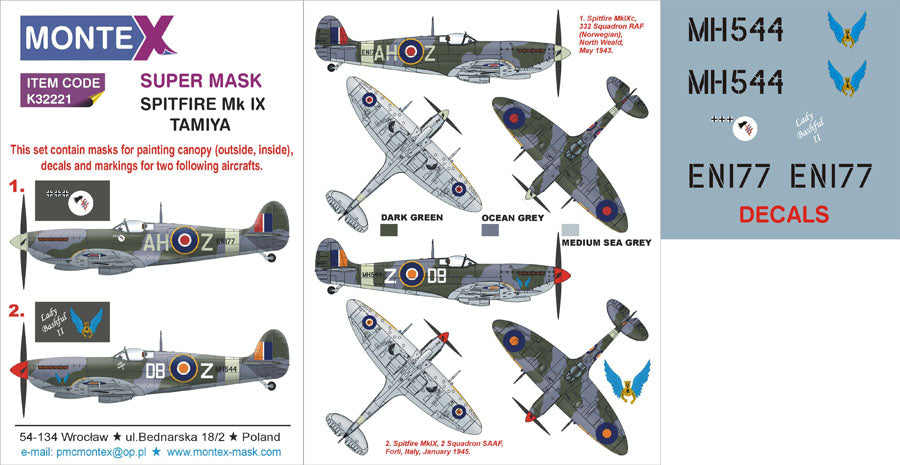 Supermarine Spitfire Mk.IX (canopy frame paint masks (inside and outside)) insignia and markings masks + decals (designed to be used with Tamiya kits)