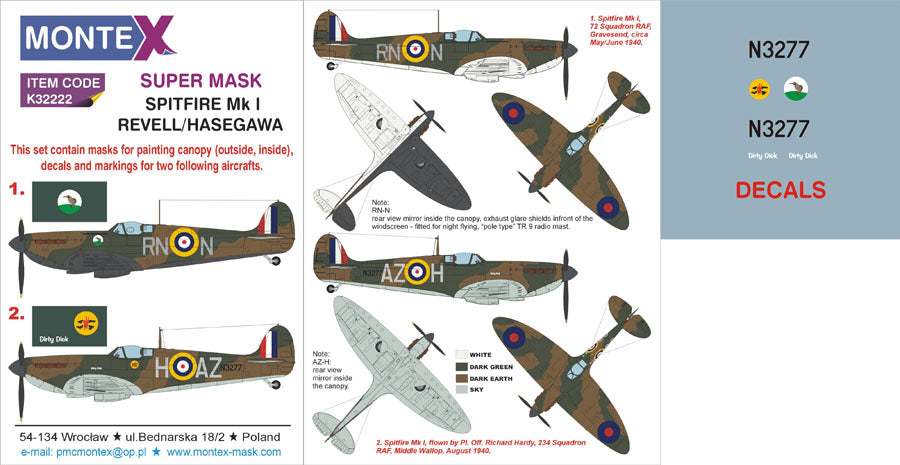 Supermarine Spitfire Mk.I (canopy frame paint masks (inside and outside)) insignia and markings masks + decals (designed to be used with Hasegawa kits)
