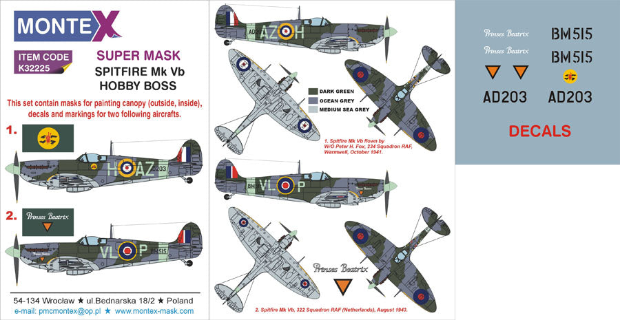 Supermarine Spitfire Mk.Vb (canopy frame paint masks (inside and outside)) insignia and markings masks + decals (designed to be used with Hobby Boss kits)