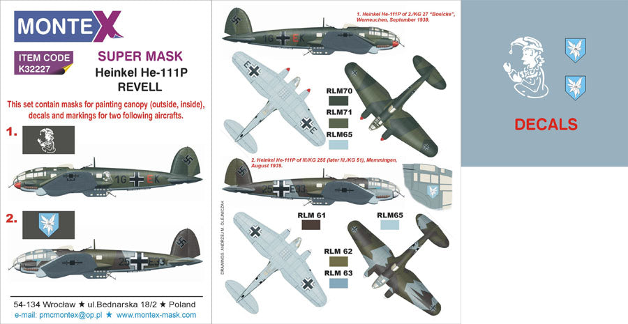 Heinkel He-111P (canopy frame paint masks (inside and outside)) + insignia and markings masks + decals (designed to be used with Revell kits)