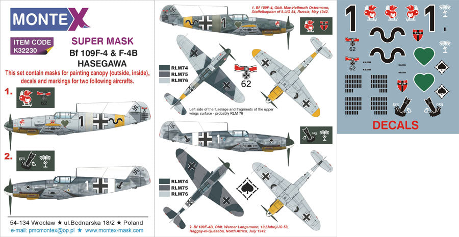 Messerschmitt Bf-109F-4/F-4B (canopy frame paint masks (inside and outside)) insignia and markings masks + decals (designed to be used with Hasegawa kits)