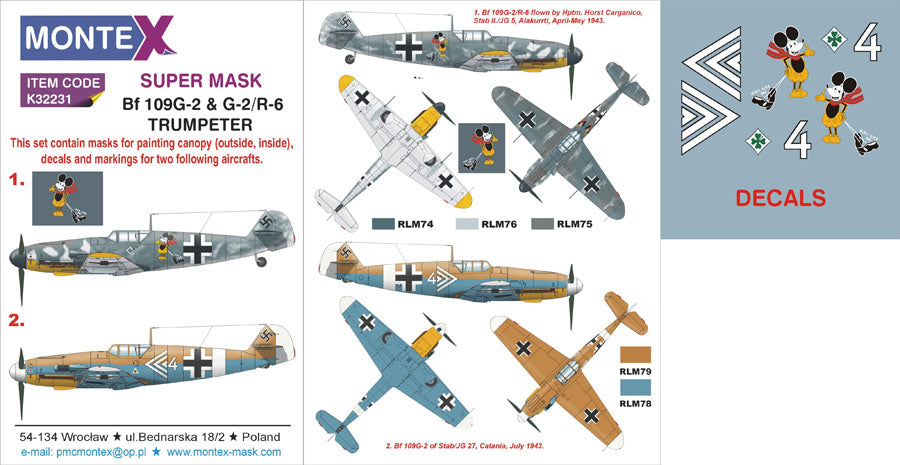 Messerschmitt Bf-109G-2 & G-2/R-6 (canopy frame paint masks (inside and outside)) insignia and markings masks + decals (designed to be used with Trumpeter kits)