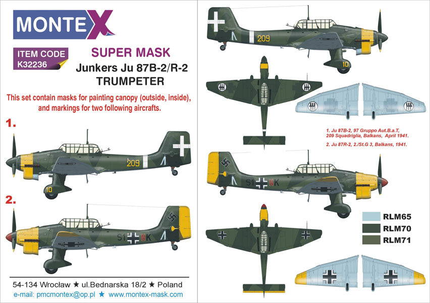Junkers Ju-87B-2 & Ju-87R-2 'Stuka' (canopy frame paint masks (inside and outside)) + insignia and markings masks (designed to be used with Trumpeter kits)