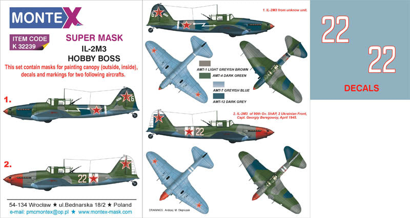 Ilyushin Il-2M3 (canopy frame paint masks (inside and outside)) insignia and markings masks + decals (designed to be used with Hobby Boss kits)