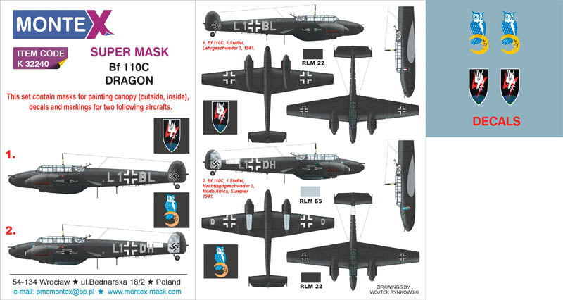 Messerschmitt Bf-110C (canopy frame paint masks (inside and outside)) + insignia and markings masks + decals (designed to be used with DRAGON kits)