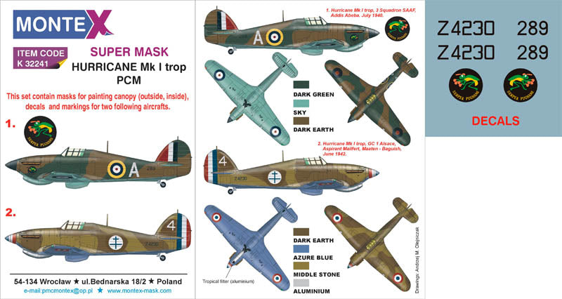 Hawker Hurricane Mk.I trop (canopy frame paint masks (inside and outside)) + insignia and markings masks + decals (designed to be used with Pacific Coast Models kits)