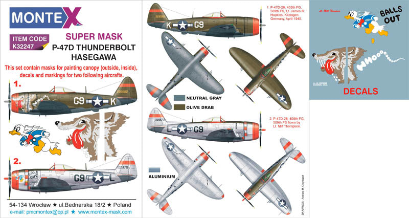 Republic P-47D THUNDERBOLT (canopy frame paint masks (inside and outside)) insignia and markings masks + decals (designed to be used with Hasegawa kits)