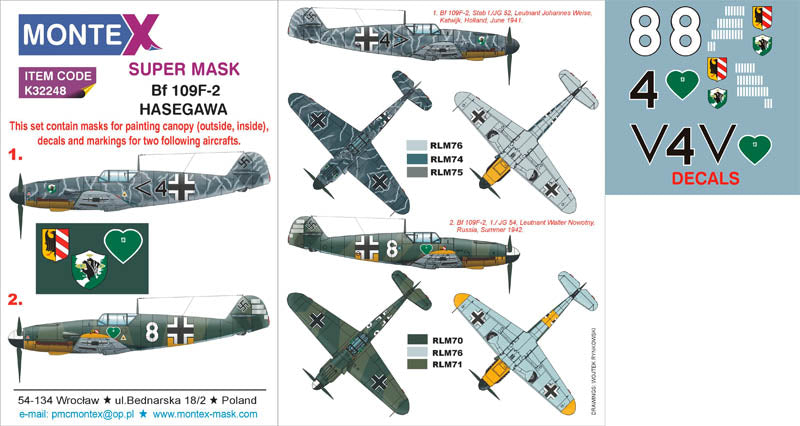 Messerschmitt Bf-109F-2 (canopy frame paint masks (inside and outside)) insignia and markings masks + decals (designed to be used with Hasegawa kits)