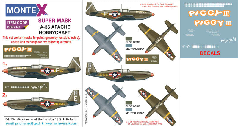 North-American A-36 APACHE (canopy frame paint masks (inside and outside)) + insignia and markings masks + decals (designed to be used with HOBBYCRAFT kits)