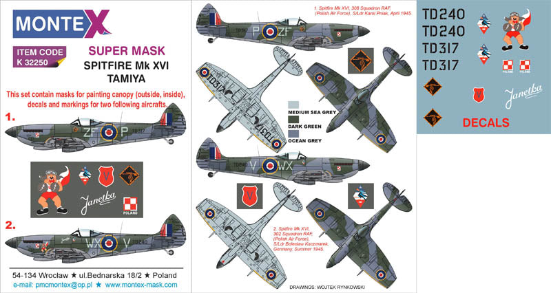 Supermarine Spitfire Mk.XVI (canopy frame paint masks (inside and outside)) insignia and markings masks + decals (designed to be used with Tamiya kits)