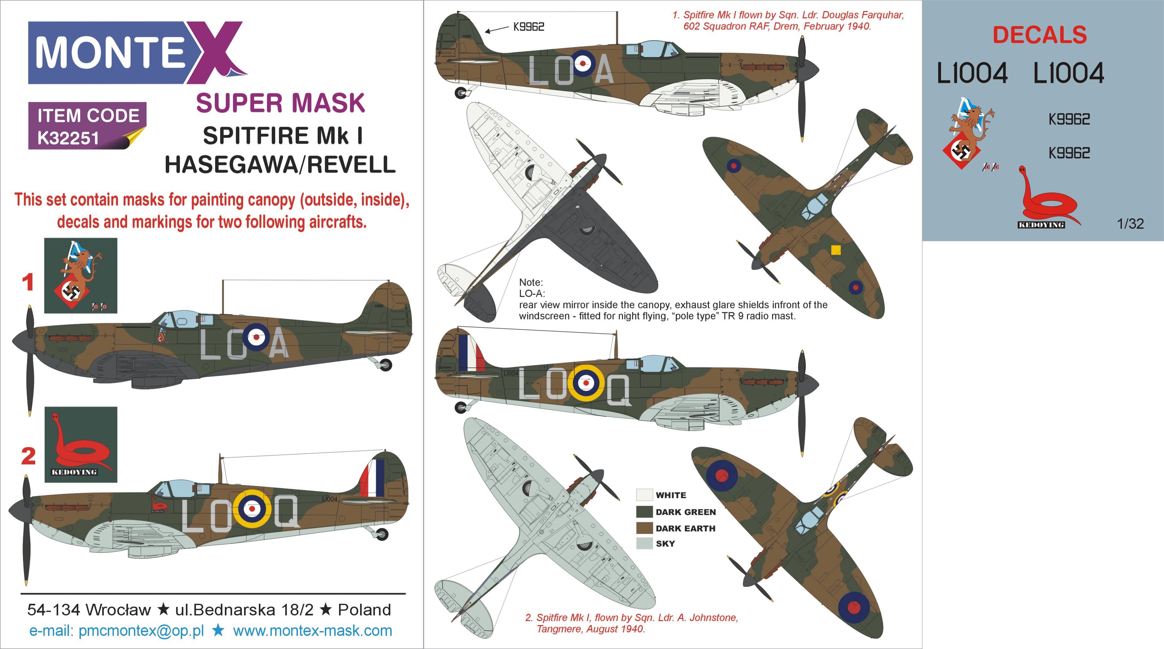 Supermarine Spitfire Mk.I (canopy frame paint masks (inside and outside)) insignia and markings masks + decals (designed to be used with Revell kits)