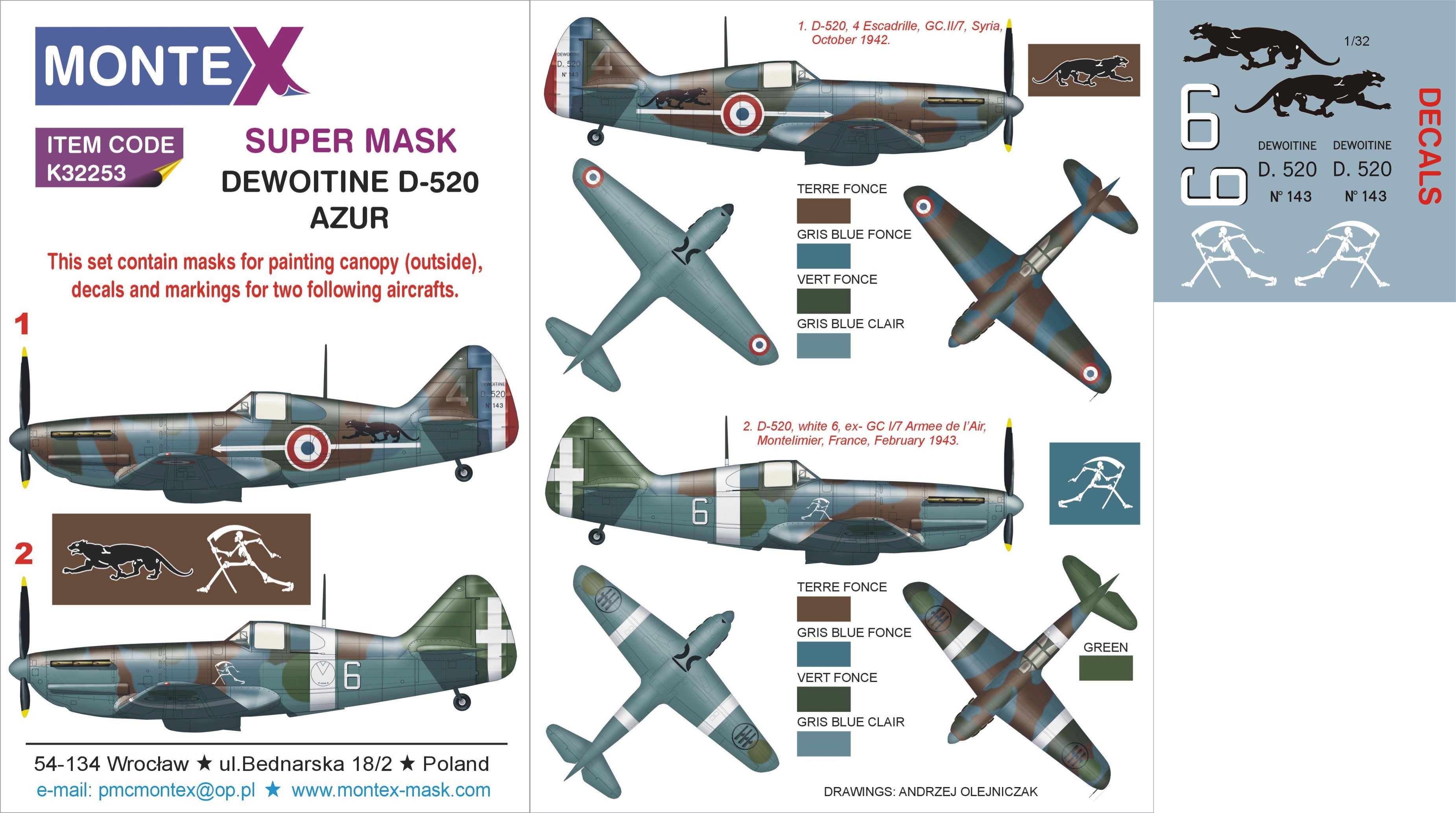 Dewoitine D.520 (canopy frame paint masks (inside and outside)) insignia and markings masks + decals (designed to be used with AZUR kits)