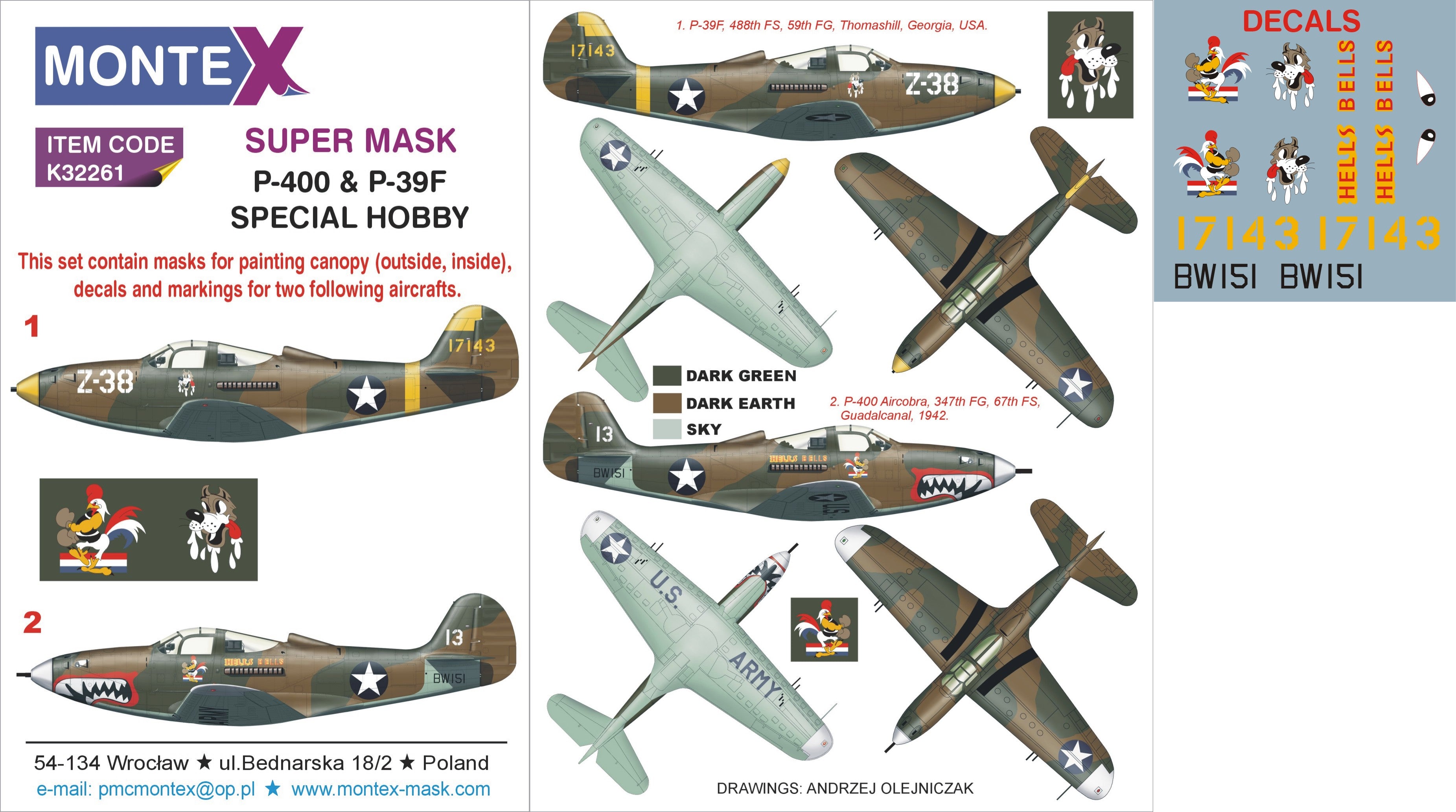 Bell P-39 Airacobra (canopy frame paint masks (inside and outside)) + insignia and markings masks + decals (designed to be used with Special Hobby kits)[P-39D P-39Q]