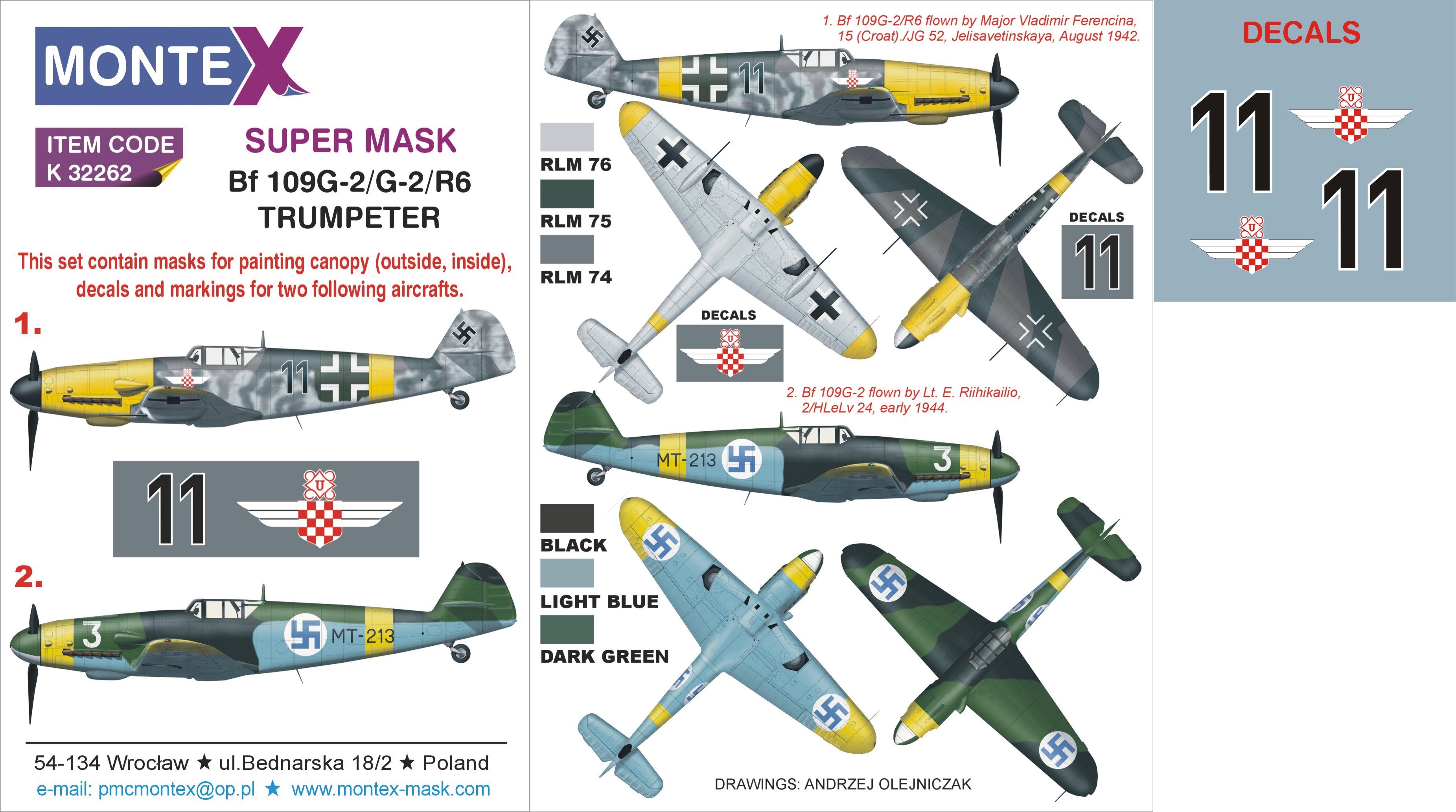 Messerschmitt Bf-109G-2 (canopy frame paint masks (inside and outside)) insignia and markings masks + decals (designed to be used with Trumpeter kits)