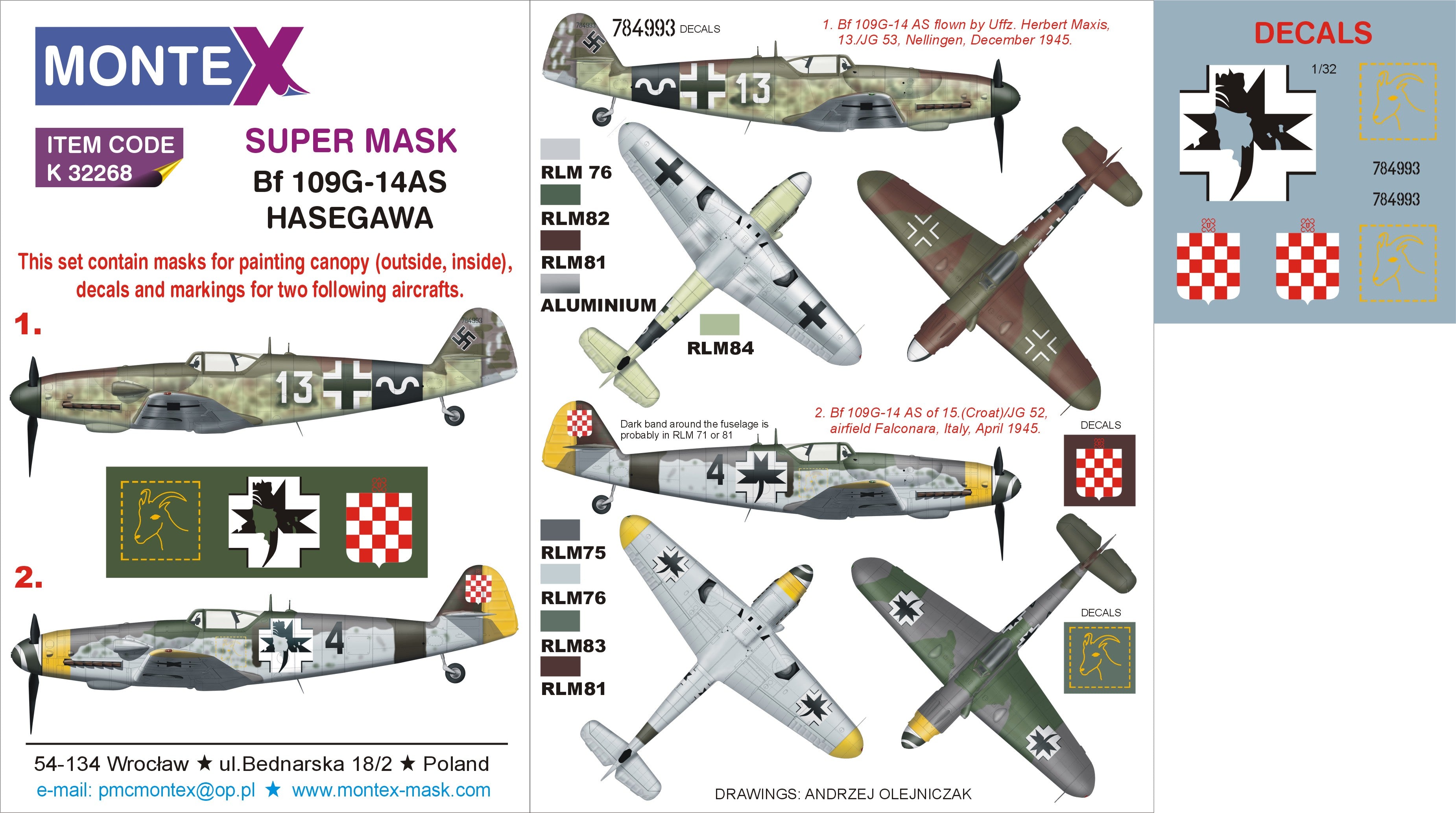 Messerschmitt Bf-109G-14 AS (canopy frame paint masks (inside and outside)) insignia and markings masks + decals (designed to be used with Hasegawa kits)