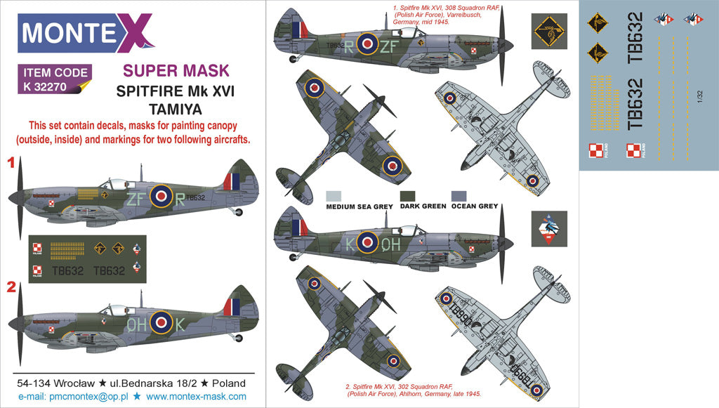 Supermarine Spitfire Mk.XVI (canopy frame paint masks (inside and outside)) insignia and markings masks + decals (designed to be used with Tamiya kits)