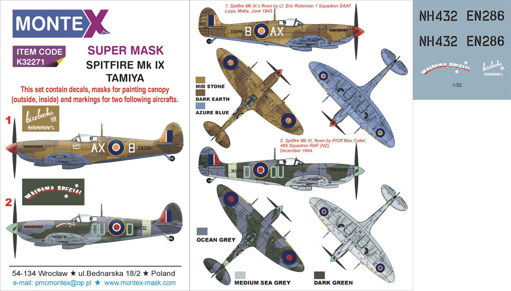 Supermarine Spitfire Mk.IXc (canopy frame paint masks (inside and outside)) insignia and markings masks + decals (designed to be used with Tamiya kits)