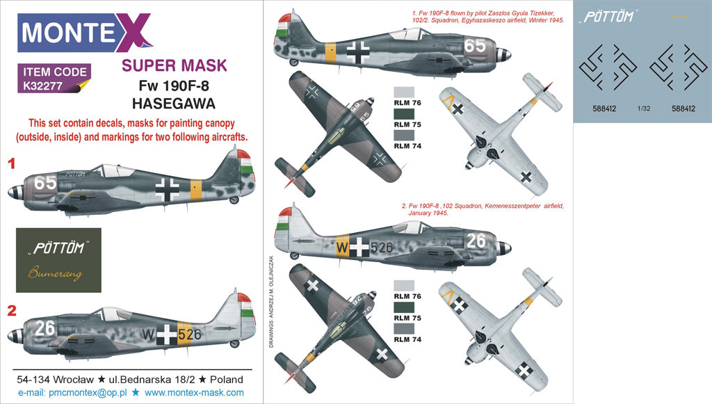 Focke-Wulf Fw-190F-8 (canopy frame paint masks (inside and outside)) insignia and markings masks + decals (designed to be used with Hasegawa kits)