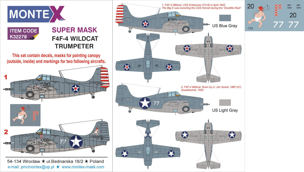 Grumman F4F-4 WILDCAT (canopy frame paint masks (inside and outside)) + insignia and markings masks + decals (designed to be used with Trumpeter kits)