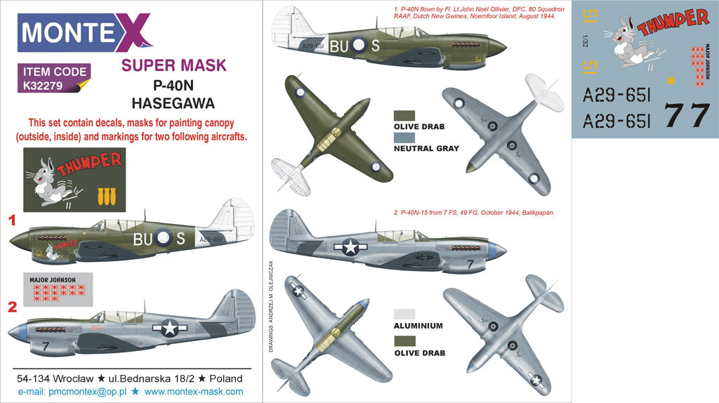 Curtiss P-40N Warhawk (canopy frame paint masks (inside and outside)) insignia and markings masks + decals (designed to be used with Hasegawa kits)