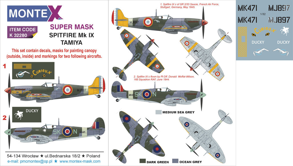 Supermarine Spitfire Mk.IX (canopy frame paint masks (inside and outside)) insignia and markings masks + decals (designed to be used with Tamiya kits)