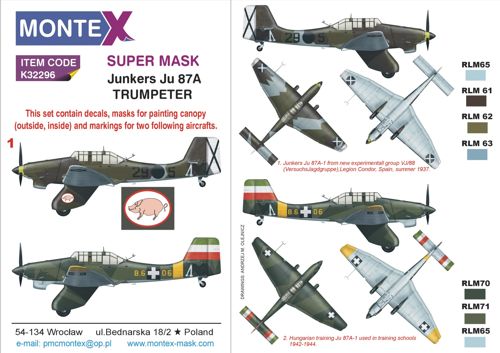 Junkers Ju-87A 'Stuka' 2 canopy frame paint mask (inside & outside) insignia and markings masks + decals (designed to be used with Trumpeter kits)