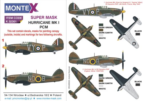 Hawker Hurricane Mk.I EARLY VERSION 2 canopy frame paint mask (inside & outside) insignia and markings masks + decals (designed to be used with Pacific Coast Models kits)