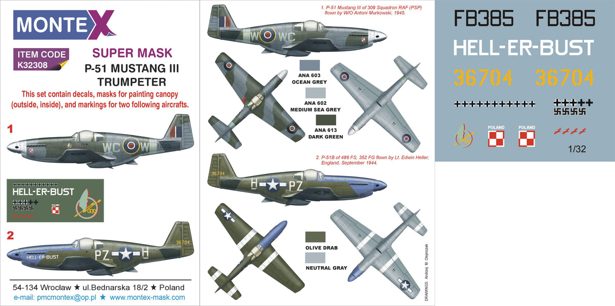 North-American P-51B Mustang III (RAF,USAAF) (designed to be used with Trumpeter kits)	 2 canopy frame paint mask (inside & outside) + insignia and markings masks + decals