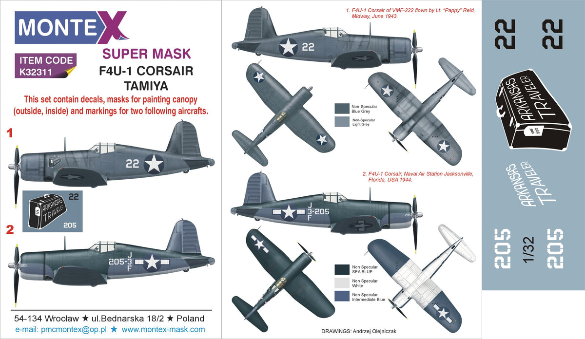 Vought F4U-1 Corsair (designed to be used with Tamiya kits) 2 canopy frame paint mask (inside & outside) + insignia and markings masks + decals