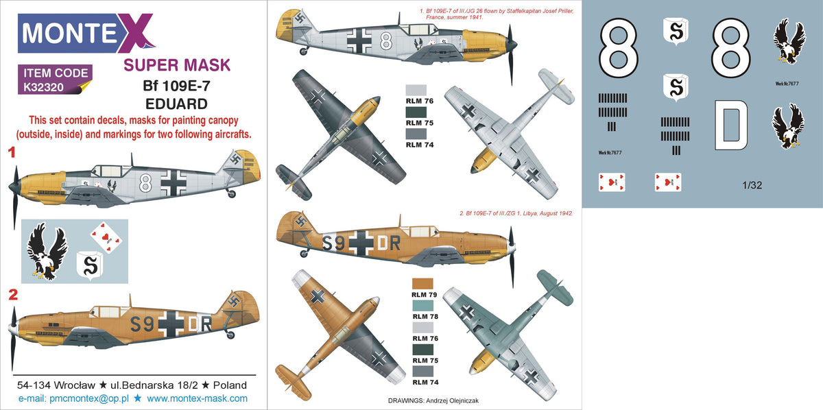 Messerschmitt Bf-109E-7	 (designed to be used with Eduard kits)	 2 canopy frame paint mask (inside & outside) insignia and markings masks + decals