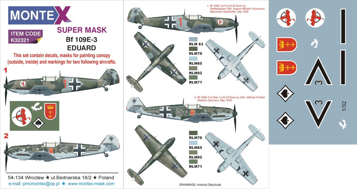 Messerschmitt Bf-109E-3 (designed to be used with Eduard kits) 2 canopy frame paint mask (inside & outside) insignia and markings masks + decals