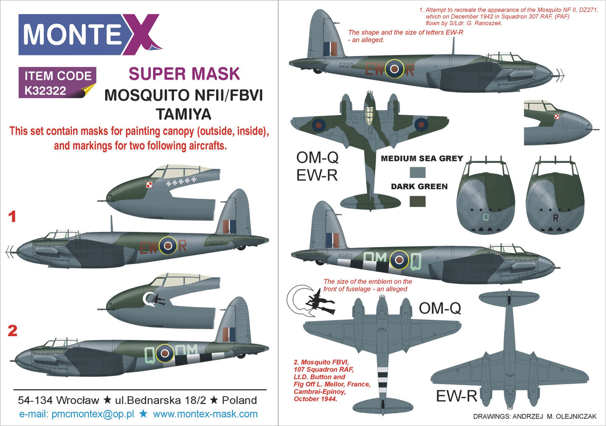 de Havilland Mosquito FB Mk.VI (designed to be used with Tamiya kits)	 2 canopy frame paint mask (inside & outside) + insignia and markings masks + decals [NF.XI]