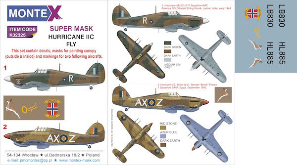 Hawker Hurricane Mk.IIC (designed to be used with Fly kits) 2 canopy mask (interior and exterior canopy frame mask) insignia and markings masks + decals