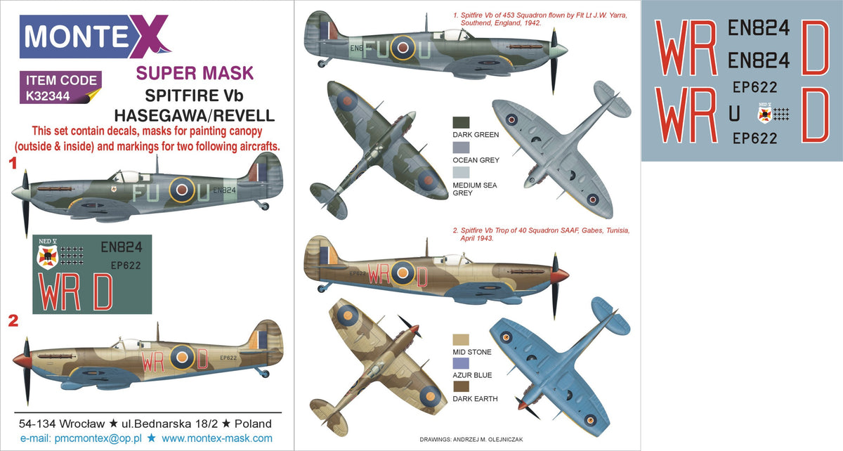Supermarine Spitfire Mk.VB 2 canopy mask (interior and exterior canopy frame mask) + insignia and markings masks + decals (designed to be used with Hasegawa kits)
